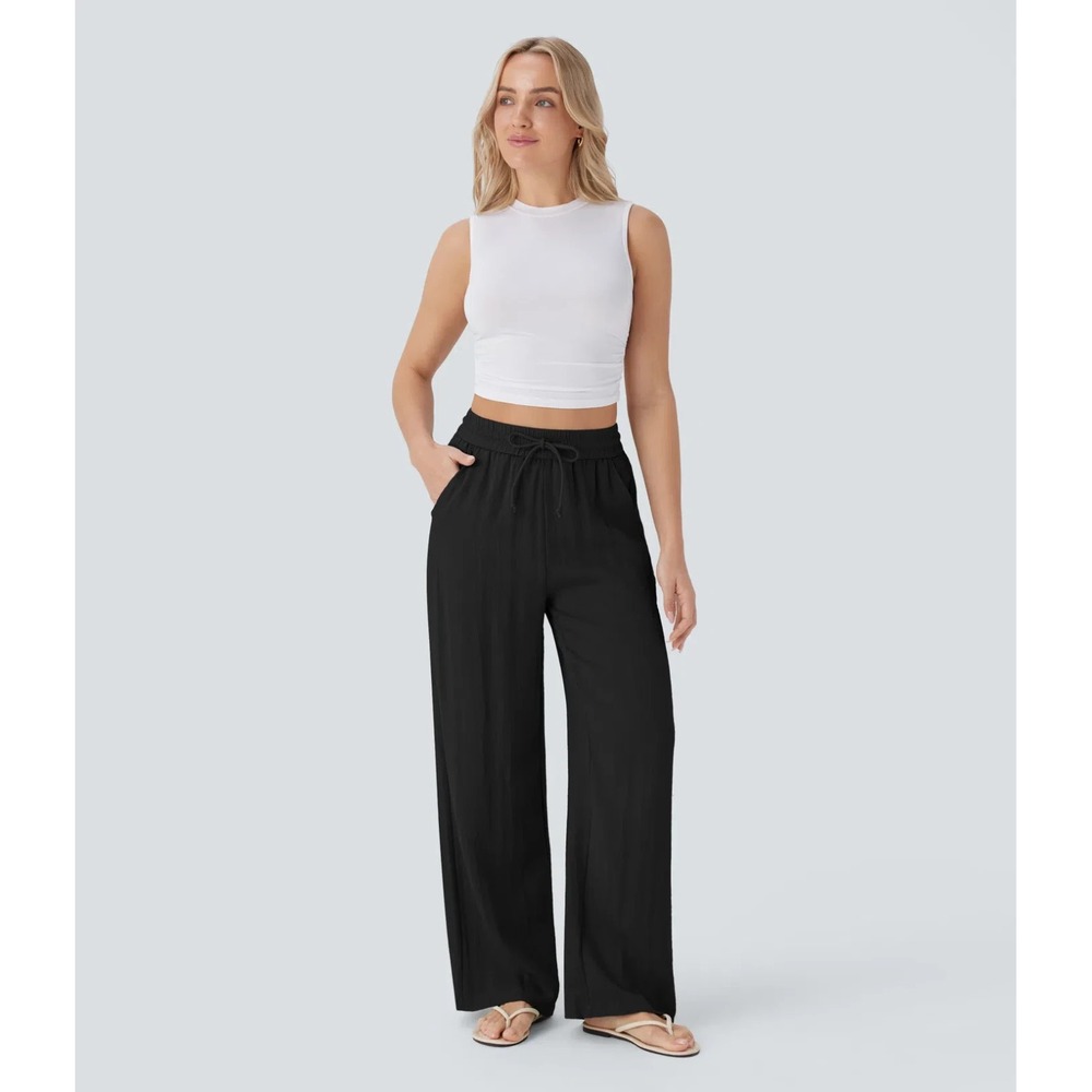 Halara High Waisted Drawstring Pocket Wide Leg Casual LinenFeel Pants M Reg Blck